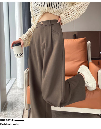 Seoulish Autumn Elegant Women's Wide Leg Pants 2024 New Korean Solid Button Casual Loose Office Full Length Trousers Female