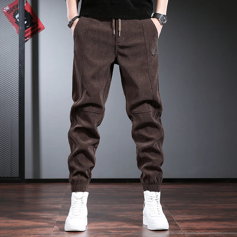 Men's Fleece Lined Thickened Autumn Winter Sports Casual Pants Cuffed Loose Fit Long Trousers Youth Active Style Fashionable