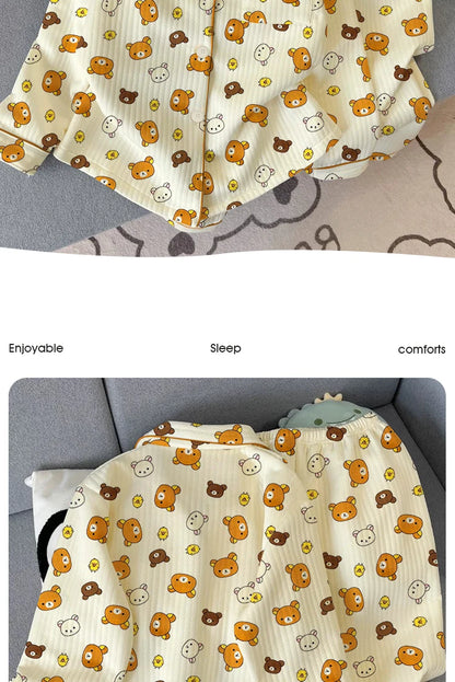 Thickened Air Cotton Sleepwear Set for Women Lazy Bear Cartoon Design Long Sleeve Long Pants Home Clothes Autumn Winter
