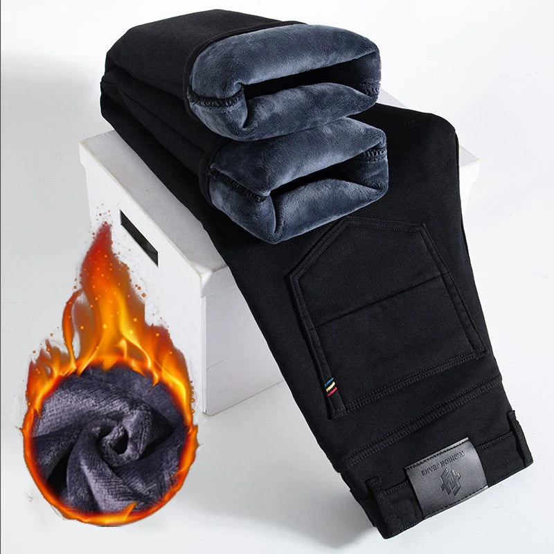 Winter Hot Sale Thickened Warm Jeans Men Chic Slim Fit Straight Leg Denim Trousers Male Youth Popular Stretch Fleece Pants
