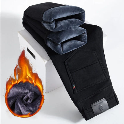 Winter Hot Sale Thickened Warm Jeans Men Chic Slim Fit Straight Leg Denim Trousers Male Youth Popular Stretch Fleece Pants