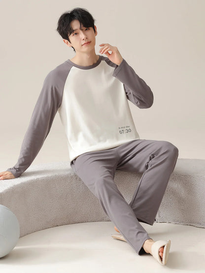 Men's 100% cotton long sleeved four season plus size men's sleepwear, teenage pure cotton home suit set for warmth