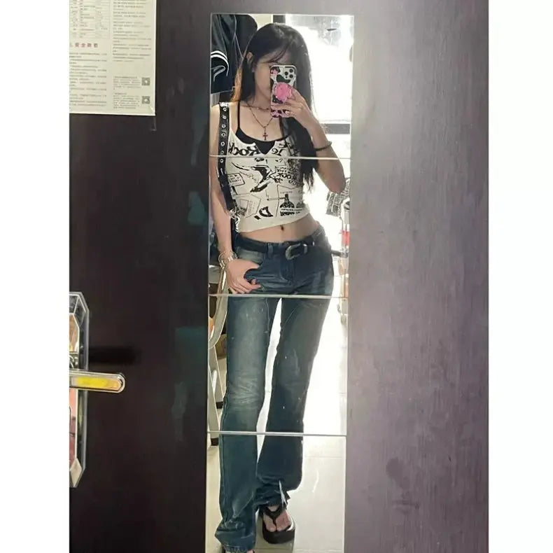 Sexy Y2K Spicy Girl  Strap Vest Women Summer American Short Print Sleeveless Top Inner Wear Commute Style Slim Fit