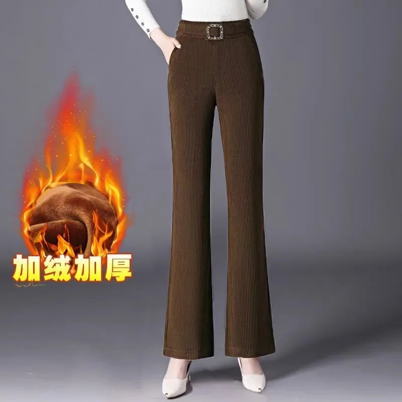 plus Size Flared Pants for Women Autumn Winter Fce Lined Casual High Waist Nine Points ket Pants for Middle-Aged Mothers