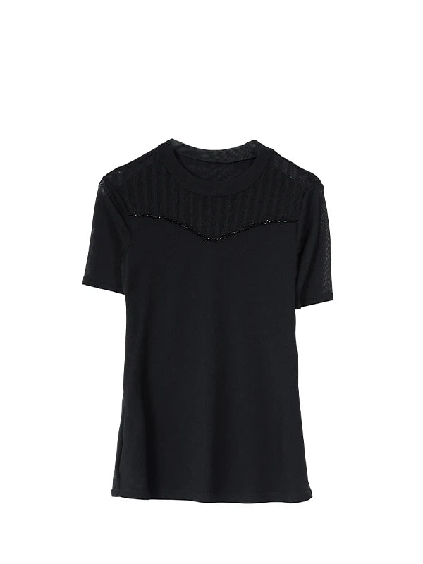 Lace Short Sleeve Slim Fit T-Shirt Women's Summer New Netting Thin Style round Neck Regular Length Pure Color Commute Style