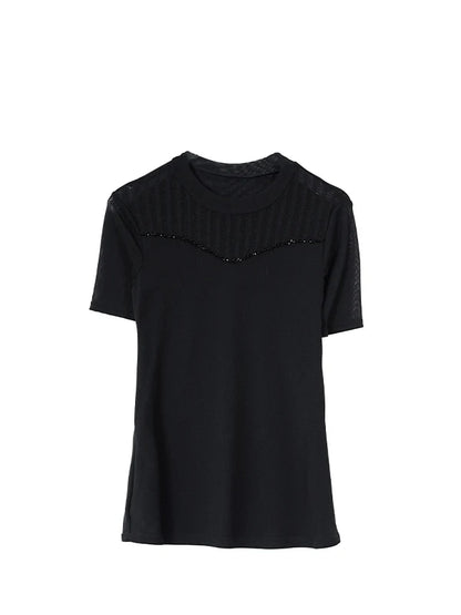 Lace Short Sleeve Slim Fit T-Shirt Women's Summer New Netting Thin Style round Neck Regular Length Pure Color Commute Style