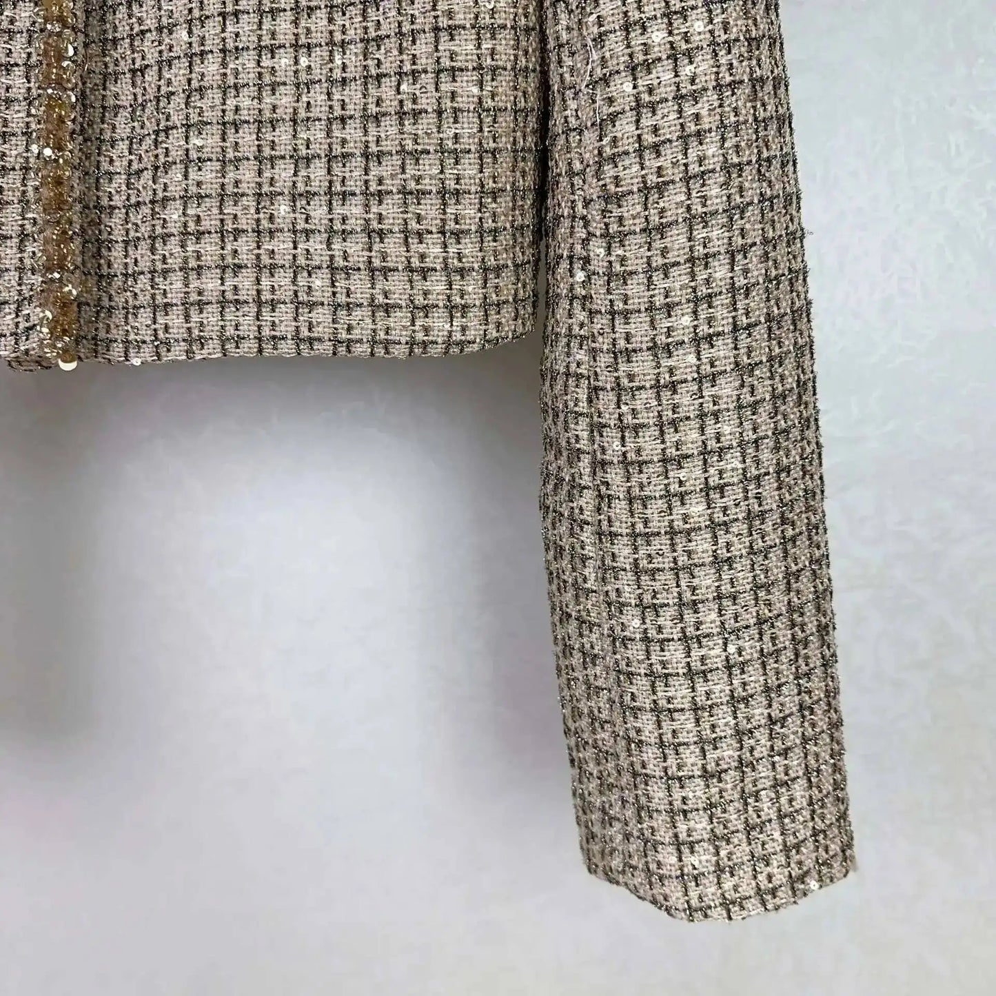 Autumn Winter Small Fragrant Style Gold Plaid Coarse Knitted Two Piece Set Women Suit Coat Tweed Jackets Midi Long Skirts Sets