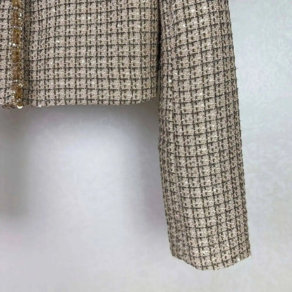 Autumn Winter Small Fragrant Style Gold Plaid Coarse Knitted Two Piece Set Women Suit Coat Tweed Jackets Midi Long Skirts Sets