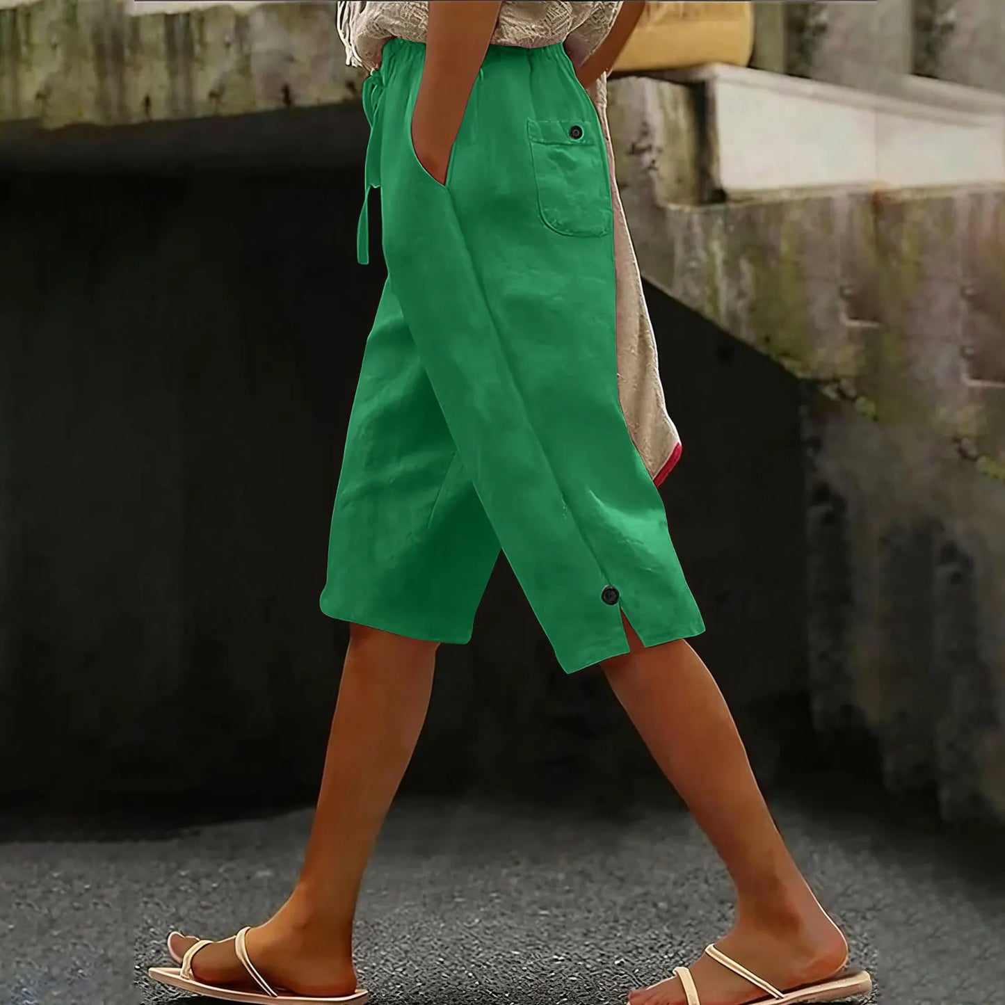 2026 summer new European and American solid color fashionable casual cotton and linen loose women's cropped pants summer Pants