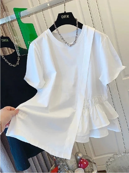 Loose Fit Pure Cotton Short Sleeve T-Shirt Women Summer Fashionable Casual Top Large Size 200 Pounds Asymmetrical Layering