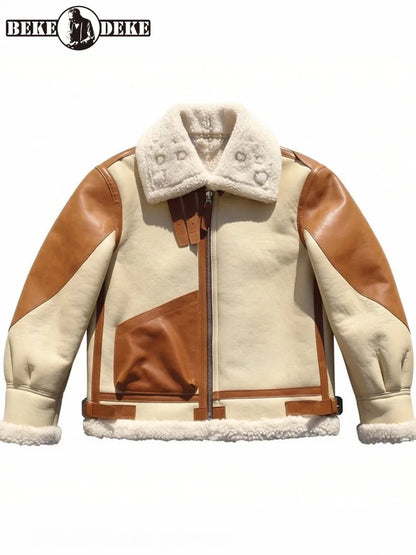Winter Mens Real Fur Pilot Jacket Original Eco Mixed Colors Genuine Leather Shearling Coat Thick Warm Wool Motorcycle Outerwear