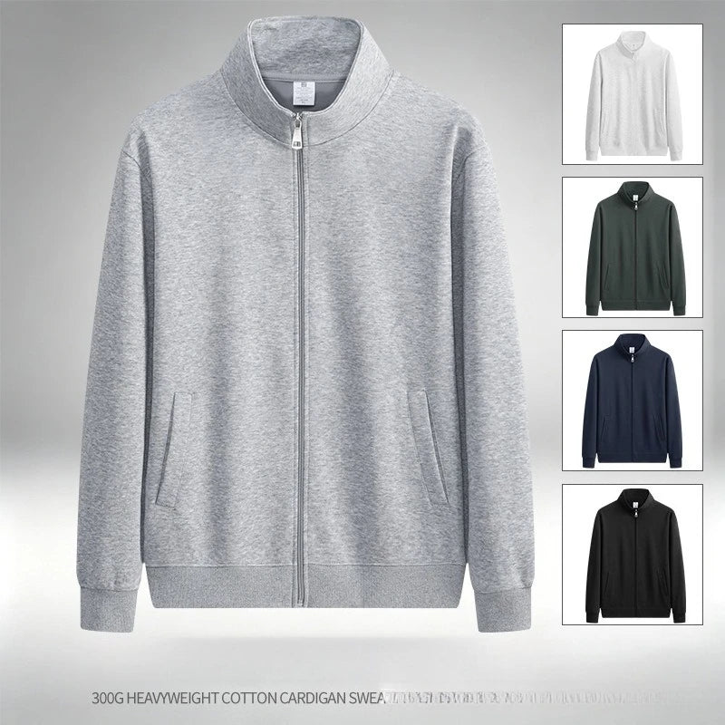 300g Premium China Cotton Zip Up Hoodie Solid Color Stand Collar Casual Unisex Streetwear Jacket for Spring Autumn