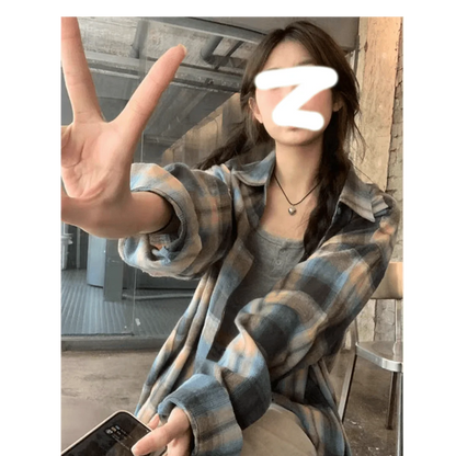 Retro Loose Lazy Plaid Shirt Women Early Autumn New Korean Version Casual Simple Long Sleeve Outer Commute Small Shirt