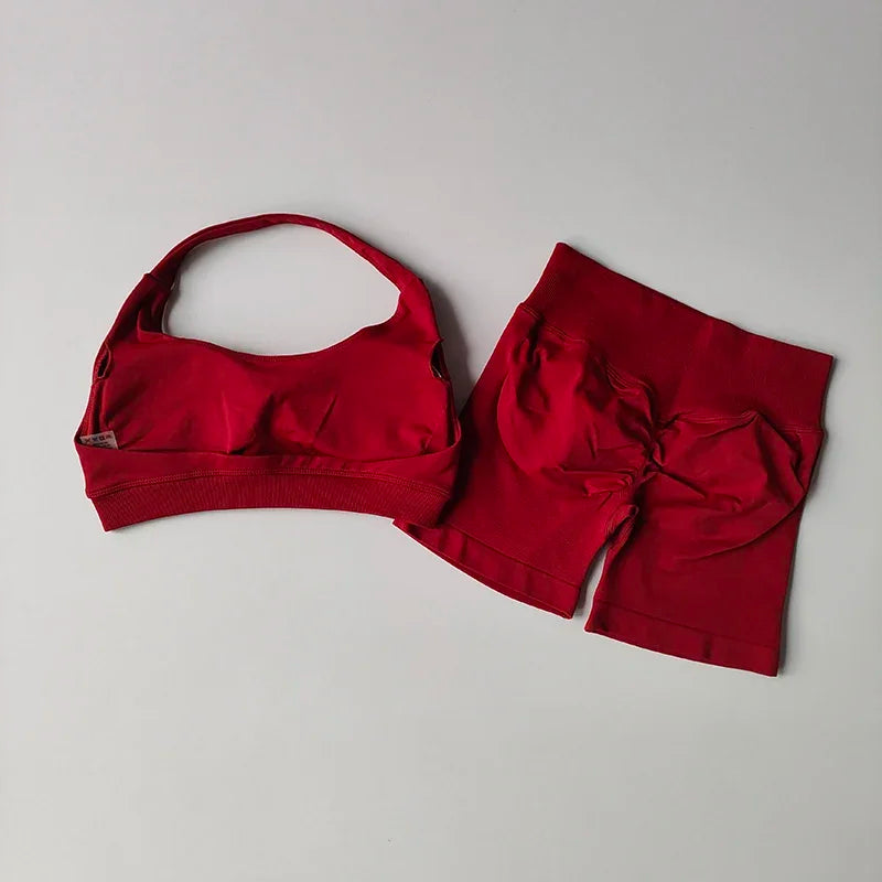 Women's Seamless Halter Yoga Set 2 Piece High Waist Scrunch Butt Shorts Quick Dry Breathable Gym Activewear