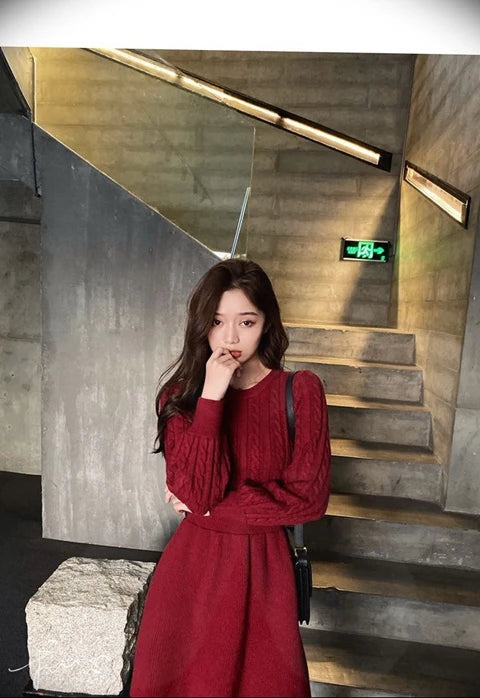 High Waist A-Line Knitted Dress Long Sleeve Base Layer Shirt Waist Cinched Black Dress Autumn Wear Korean Style Commute Dress