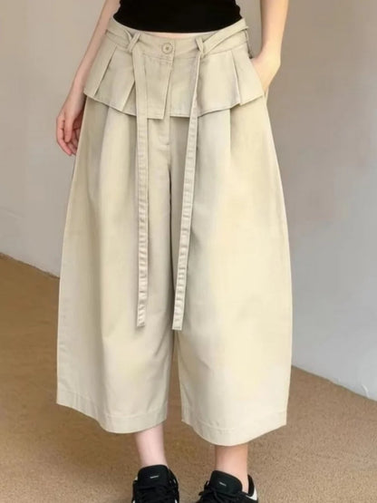 Summer New Korean Style Khaki Design Casual Pants Women plus Size Loose Slimming Nine Points Trousers High Waist Straight Leg