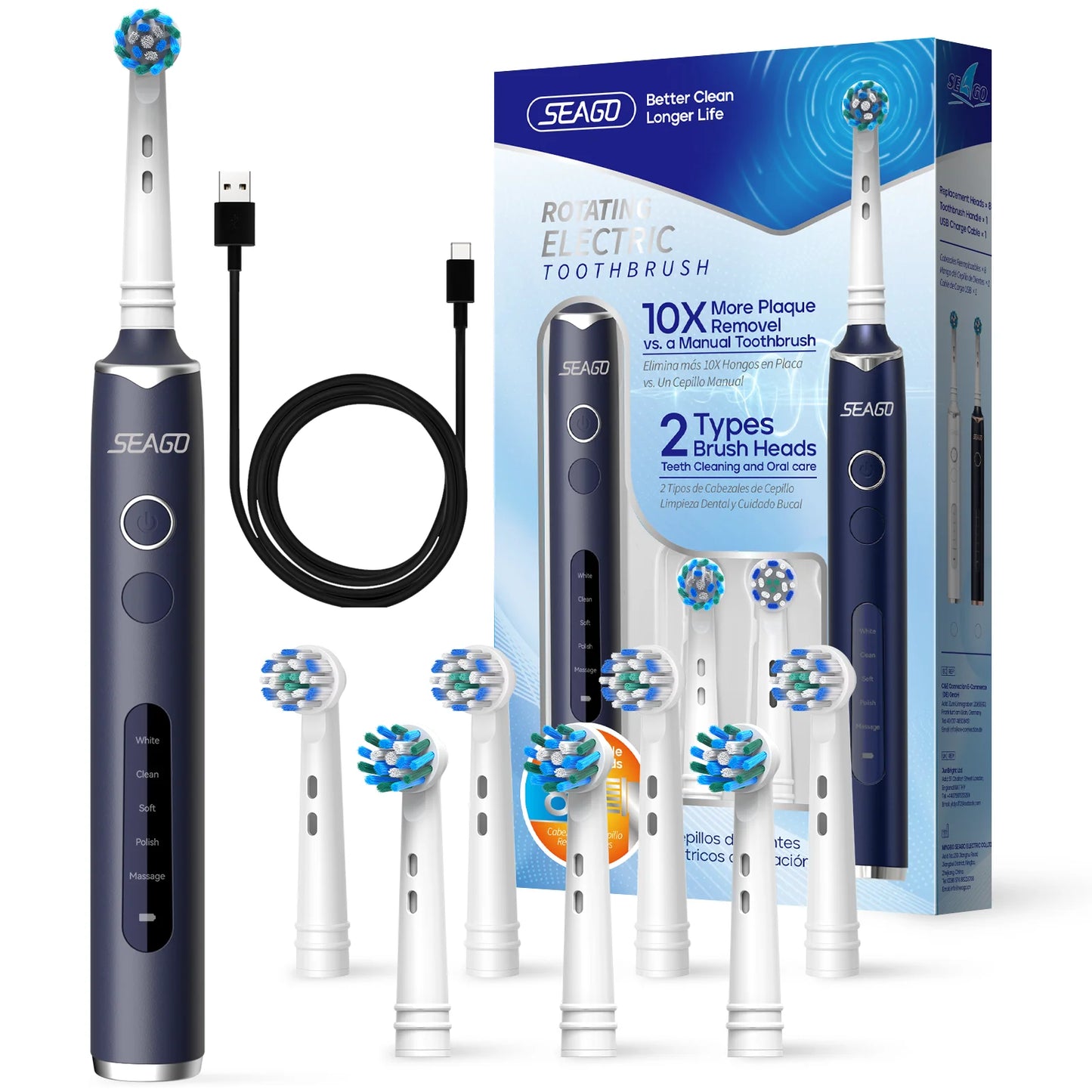 Seago Rotating Electric Rechargeable Toothbrush Teeth Cleaning with 8 Brush Toothbrush Heads 5 Modes Portable Smart Timer