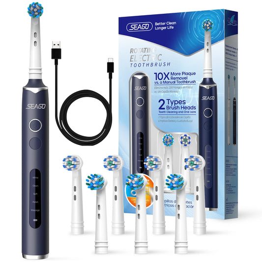 Seago Rotating Electric Rechargeable Toothbrush Teeth Cleaning with 8 Brush Toothbrush Heads 5 Modes Portable Smart Timer