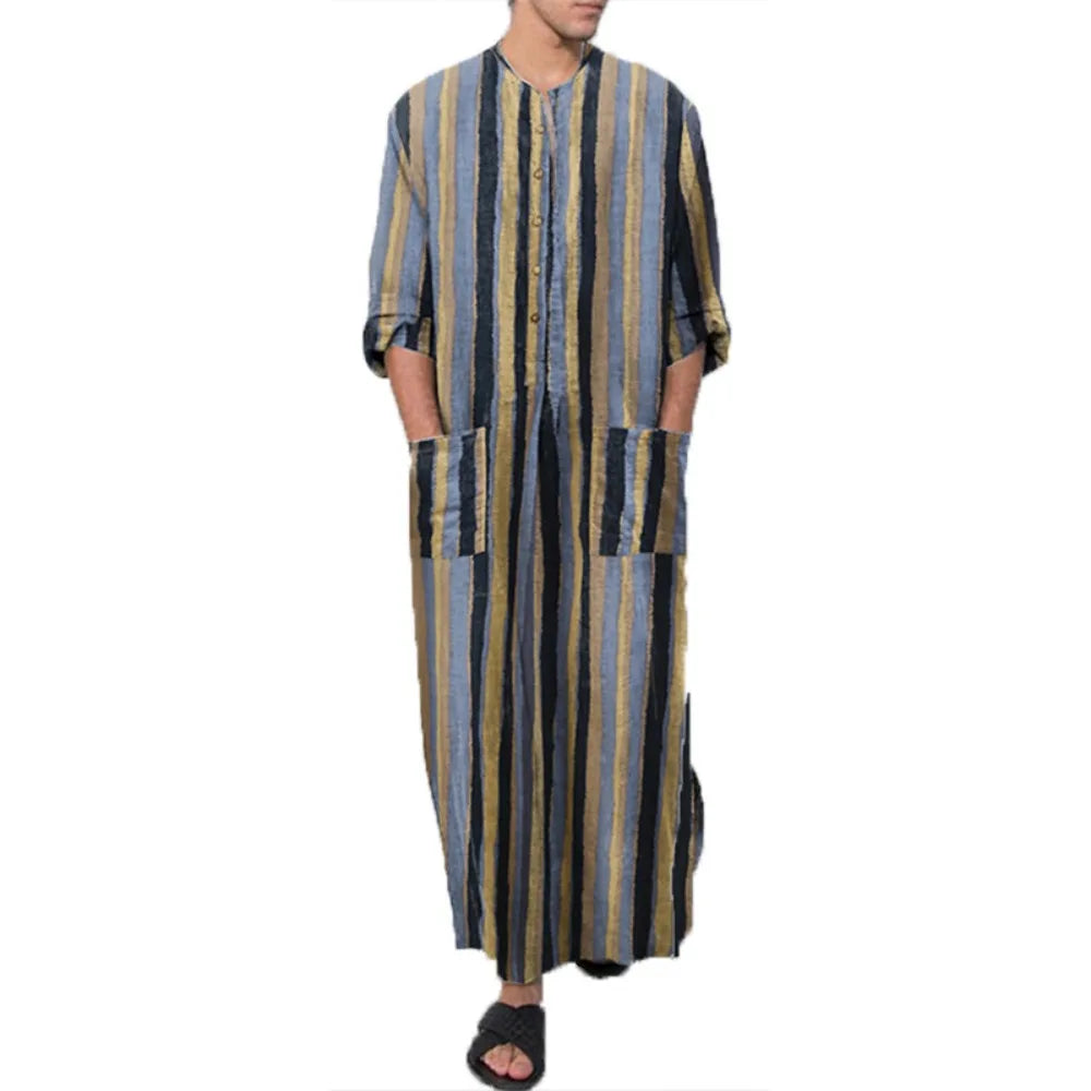 Men's Striped Print Arabic Thobe - Long Sleeve One Piece Islamic Robe,Middle Eastern Traditional Muslim Wear with Ethnic Pattern