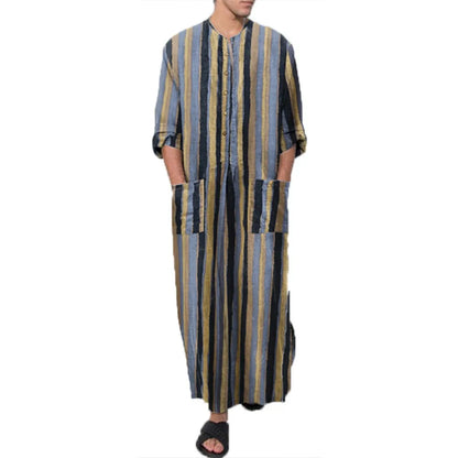 Men's Striped Print Arabic Thobe - Long Sleeve One Piece Islamic Robe,Middle Eastern Traditional Muslim Wear with Ethnic Pattern
