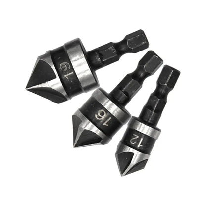 3PC Hexagonal Shank 90 Degree Black Five Blade Chamferer 12/16/19mm Countersink Drill Woodworking Hole Opener Tool Set