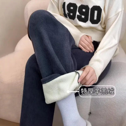 Autumn Winter Lamb Fleece White Thick Thick Wide Leg Pants Women Feel Loose High Waist White Straight Casual Pants Joggers Women