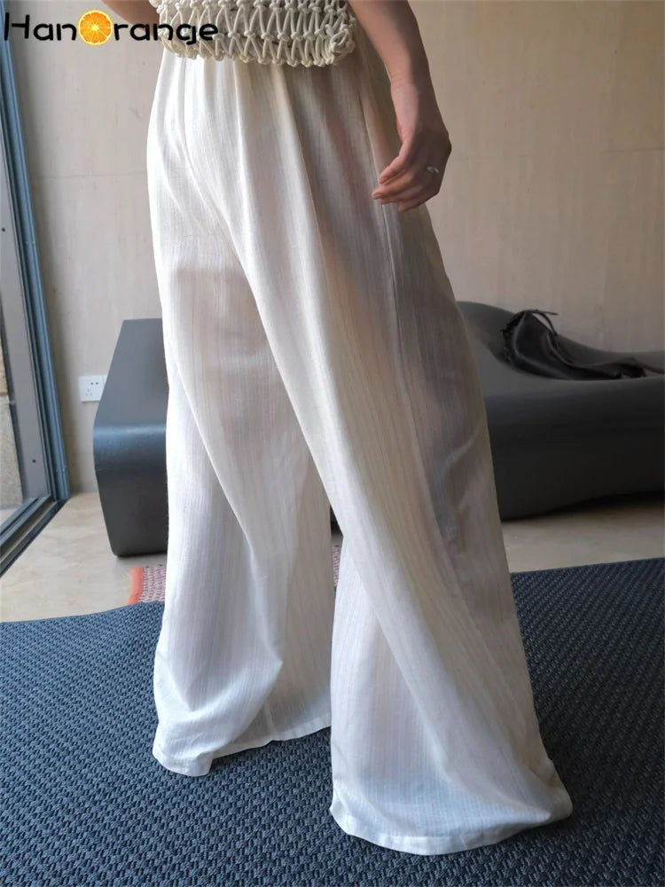 HanOrange 2026 Summer Vacation Stripe Loose Casual Pants Women Loose Wide Legs Breathable Trousers White Coffee/Blue White