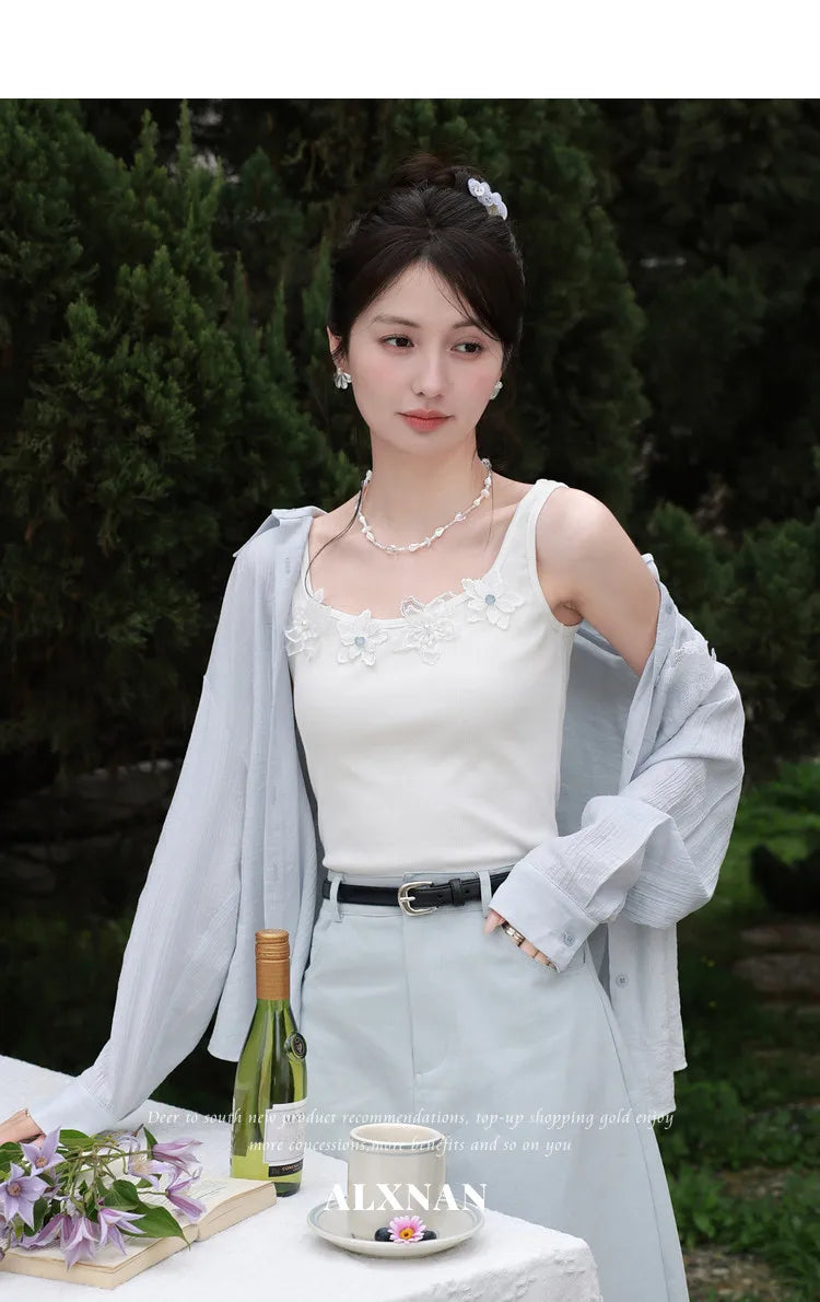 ALXNAN White Tank Tops Women 3D Floral Design Elegant Square Neck Camisole Summer Casual Cotton Female Sleeveless Tops L62833