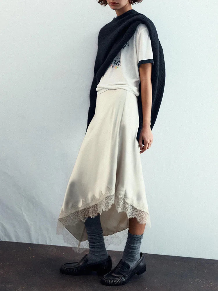 Winter New Arrival Women's Simple Versatile Mid-Waist Lace Trim Silk Satin Skirt Elegant Ethnic Stage Costume