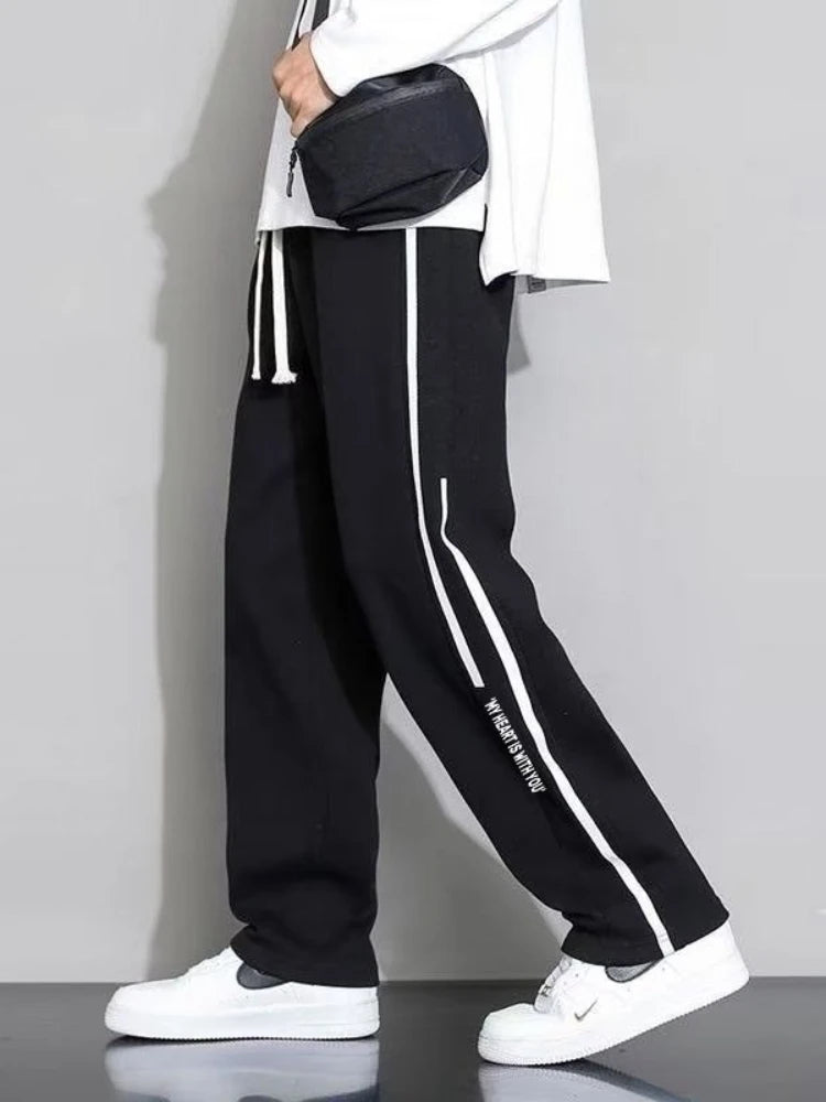 Men’s Straight Leg Sweatpants Loose Lightweight Casual Pants Spring Summer Stripe Patchwork Sports Joggers Trendy Long Trousers
