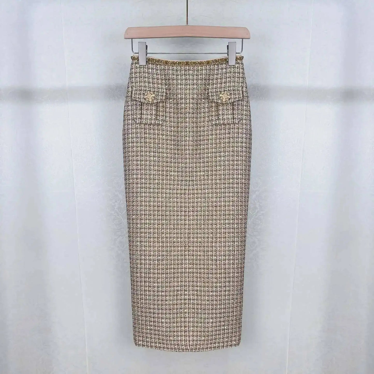 Autumn Winter Small Fragrant Style Gold Plaid Coarse Knitted Two Piece Set Women Suit Coat Tweed Jackets Midi Long Skirts Sets