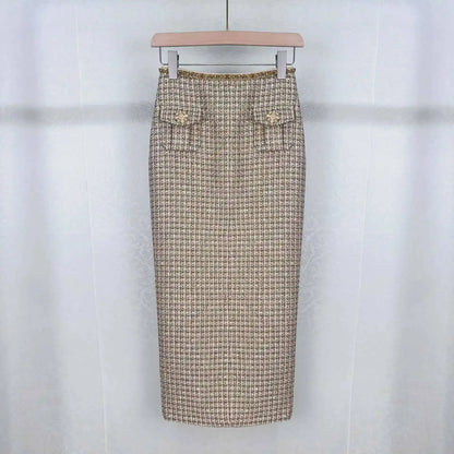 Autumn Winter Small Fragrant Style Gold Plaid Coarse Knitted Two Piece Set Women Suit Coat Tweed Jackets Midi Long Skirts Sets