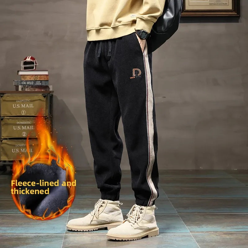 Trendy American Style Men's Fleece Lined Loose Fit Sweatpants Winter Casual Sports Trousers Low Elasticity Youth Popular Long...