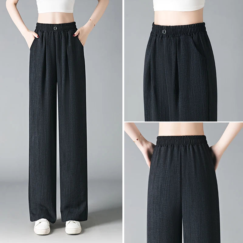 Ice Silk Slim Wide Leg Pants Women's Summer Drapey High Waist Straight Casual Lazy Floor Length Pants Cool Pants