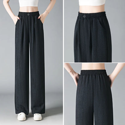 Ice Silk Slim Wide Leg Pants Women's Summer Drapey High Waist Straight Casual Lazy Floor Length Pants Cool Pants