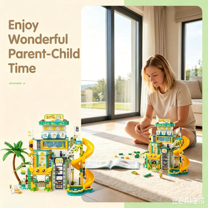 New Sunshine Park Summer Seaside Vacation Street Scene Building Block Set, a multi-story modular building block model of a surf