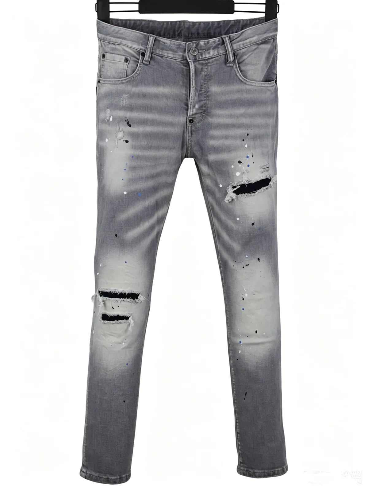 6058 Four Seasons New Men's Wash Grinding Hole Patch Paint Splash Ink Micro-bullet Leg Grey Jeans for Men