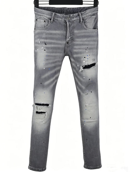 6058 Four Seasons New Men's Wash Grinding Hole Patch Paint Splash Ink Micro-bullet Leg Grey Jeans for Men