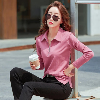 Korean Style cotton polo shirts women fashion long sleeve candy color zipper turn down neck polo t shirt for women 2025