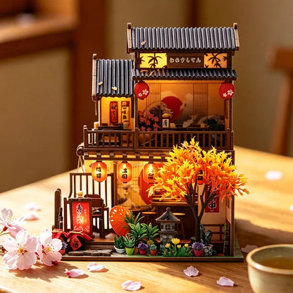 Japanese Izakaya Sushi Restaurant DIY Miniature Dollhouse Kit with LED Light 3D Wooden Puzzle Full Furniture Creative Gift