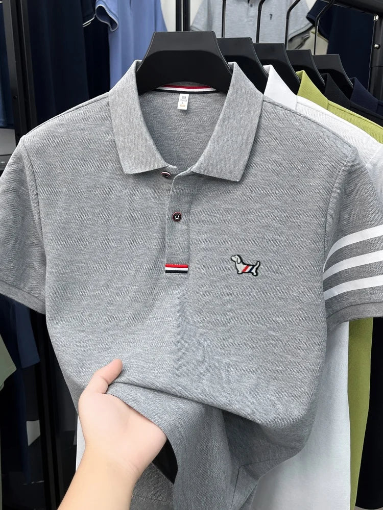 High end 100% cotton short sleeve polo shirt men luxury brand cute dog design Korean casual summer golf fashion striped T-shirt