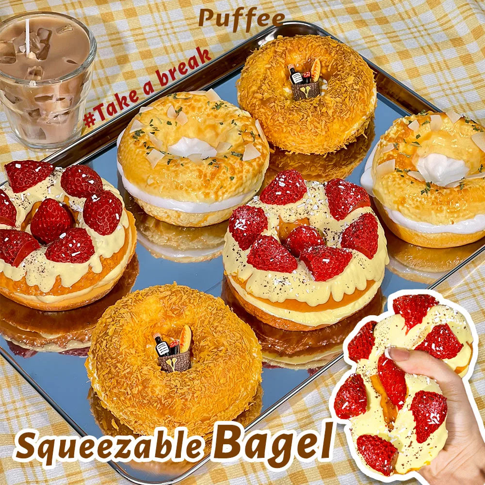 Bagel Food-grade Silicone Squishy, Creamy Soft Adhesive Toy, Taba Squishy, Happy Game Pinching Bread, Strawberry, Crunch, Crispy