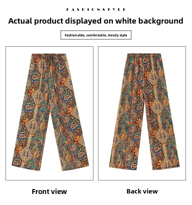 Summer Casual Loose Wide Leg Pants Women's Tie Dye Ink Ice Silk Loose Leopard Print Ethnic Style Long Pants Casual Trousers