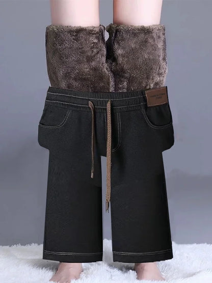 High Waist Thickened Fleece Lined Wide Leg Jeans Women's Casual Straight Cut Trousers Autumn Winter New Style Slimming Effect