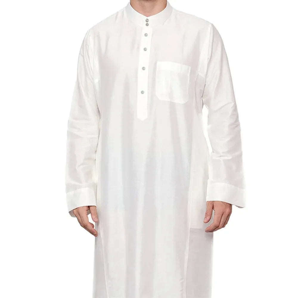 Middle Eastern Men's Thobe Qatar Style Polyester Robe with Stand Collar and Pockets