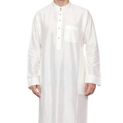Middle Eastern Men's Thobe Qatar Style Polyester Robe with Stand Collar and Pockets