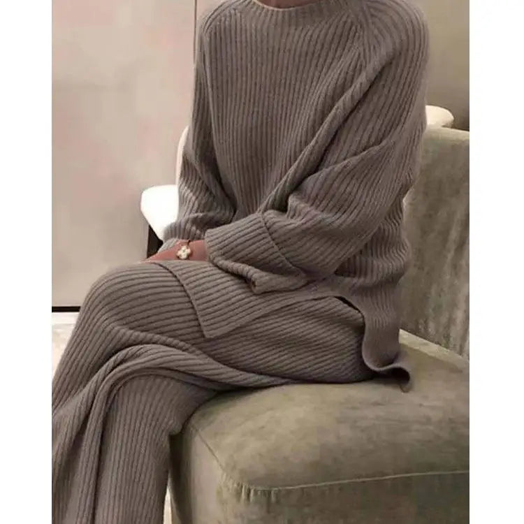Casual Women's Knitted Sweater Two-Piece Set Cross-Border Fashion Spring Long Sleeve Pants Long Pants Suitable for 18-25 Year...