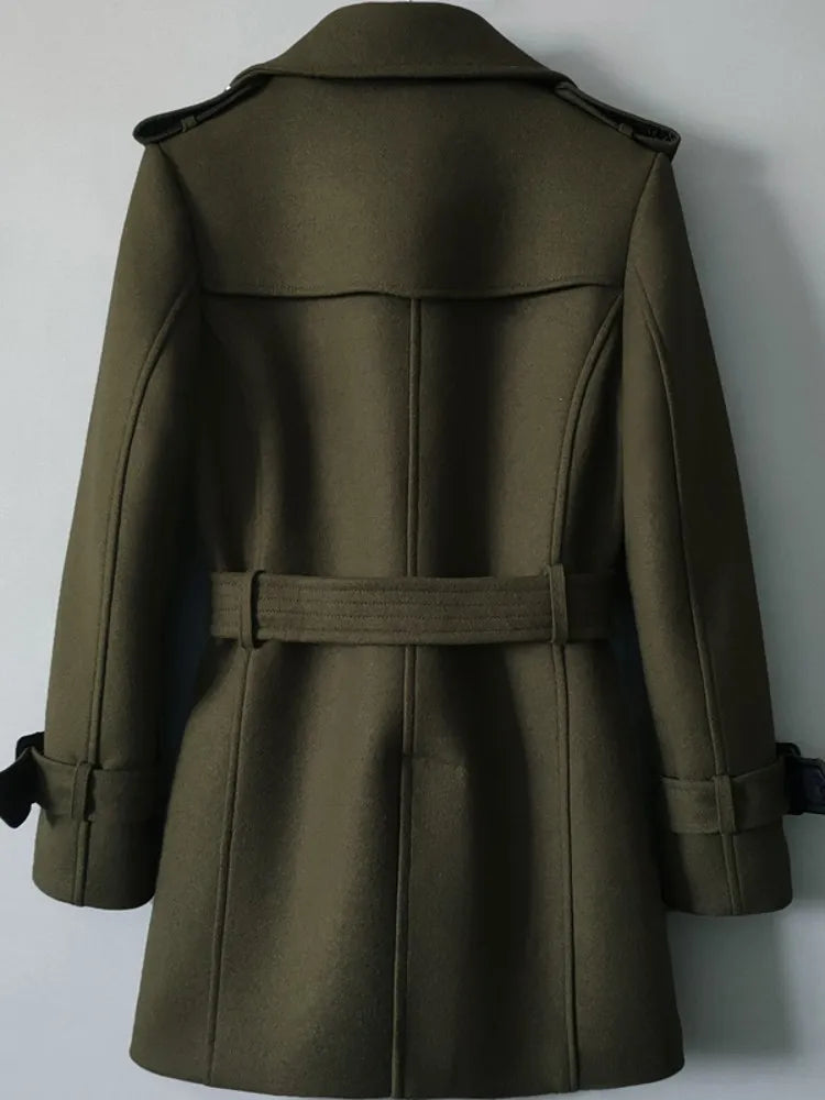 Men Mid Long Woolen Blends Coat Belted Double Breasted Wool Trench Spring New Business Work Windbreaker Classic Outwear Overcoat