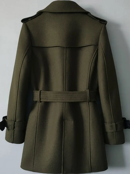 Men Mid Long Woolen Blends Coat Belted Double Breasted Wool Trench Spring New Business Work Windbreaker Classic Outwear Overcoat