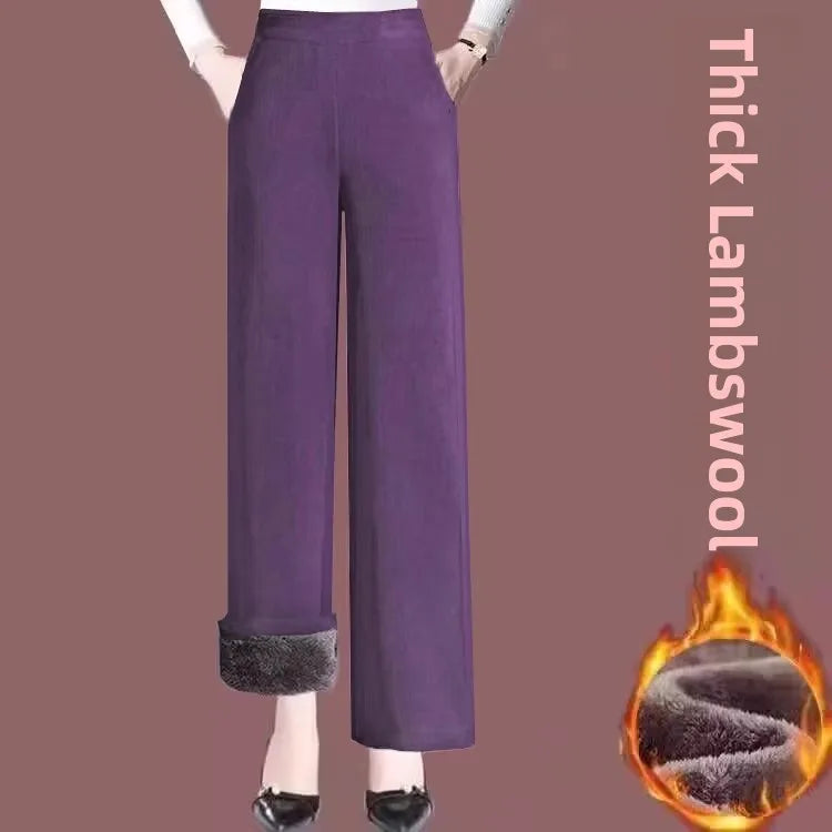 Thickened Fleece Lined High Waist Corduroy Wide Leg Pants for Women Warm Autumn Winter New Style Casual Straight Cut Trousers